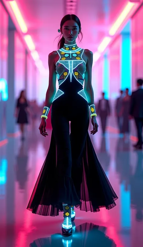 Masterpiece, highest quality, highest quality, detailed, beautiful, delicate, full body shot,A futuristic formalwear design with a black base and  neon pink, blue, neon yellow shifting dynamically under light. The outfit features a flowing, gender-neutral ...