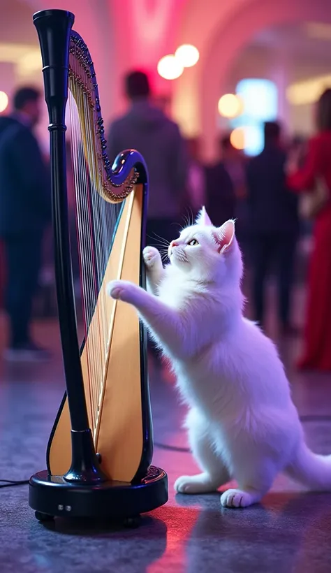 White cat playing with electric harp in event.Real photo.