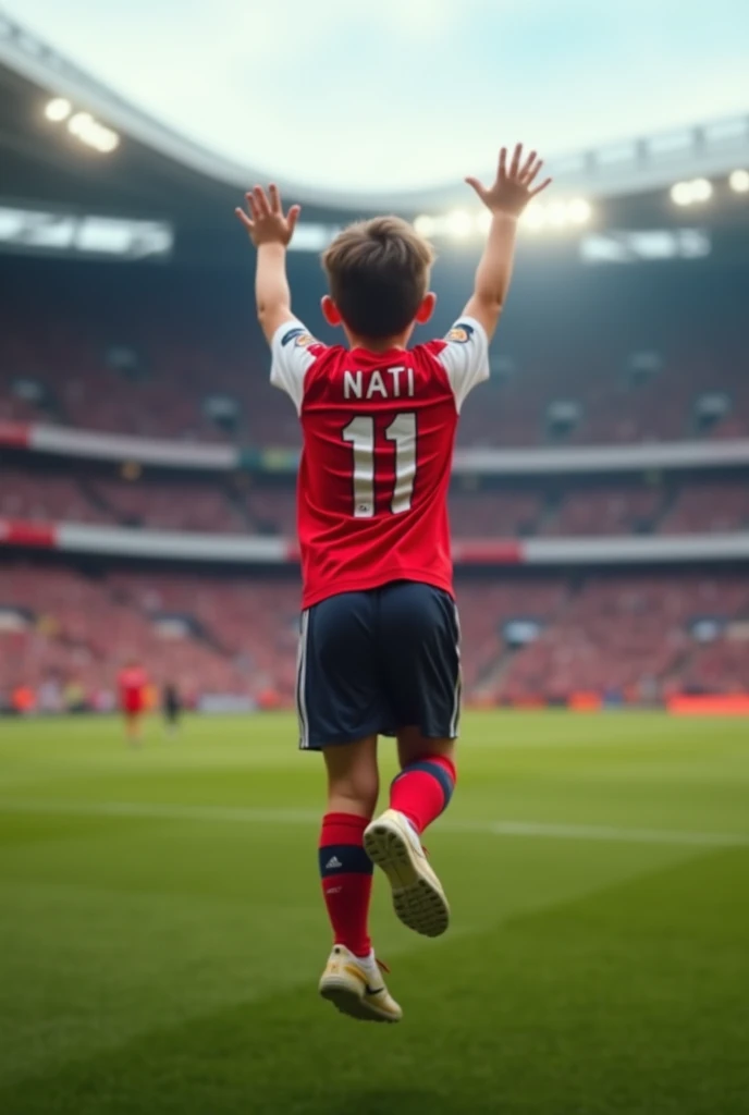 A young, ecstatic fan wearing an Arsenal jersey with the number 11 and the name NATI printed clearly on the front, jumping and cheering in the middle of a massive, vibrant soccer stadium. The image should ex