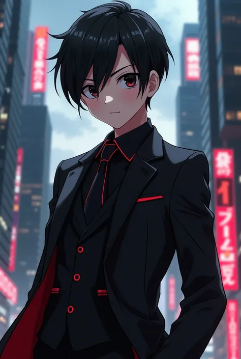 An anime hero with black hair, a black suit with some red color and black eyes