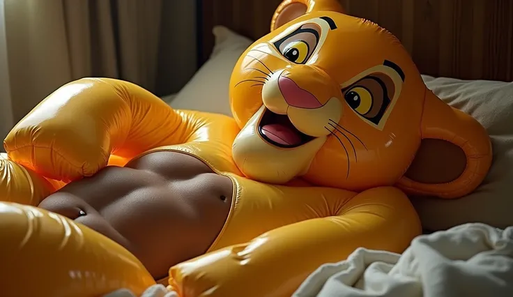 Realistic, man laying down captured being sexually taken control of by a skintight living inflatable adult quadruped simba slime costume encasing him, simba costume has a satisfied grin, the inflatable simba skin is alive tightening on its own bonding onto...