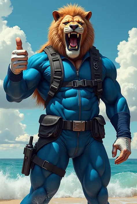 (A rugged beefy extremely muscular bulky old man), (wearing blue fullbody zipper wetsuit), (wearing realistic roaring lion mask), thumbs up pose, wearing bulky harness, wearing bulky scuba gear, muscular physique, toned muscles, fierce, heroic, action, com...