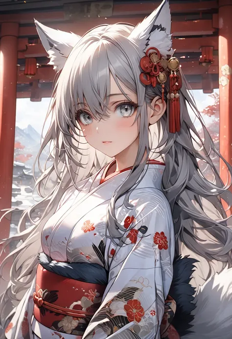 longhair, (gray eyes:1.5),   woman、slender、 animal ears , Tail, Sparkling Silver Hair ,  grey eyes 、  wolf ear、Wolf Tail,   white ear tips 、White at the tip of the Tail、( small chest :1.2), Long-sleeved kimono、shrine、Oblique Eyes 、break looking at viewer, ...