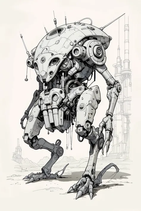 The image depicts a fragile and otherworldly sketch of a futuristic mechanical being, a cross between a vehicle and a robotic beast. Its design is detailed and sophisticated, displaying a range of mechanical elements that contribute to a steampunk look. Th...