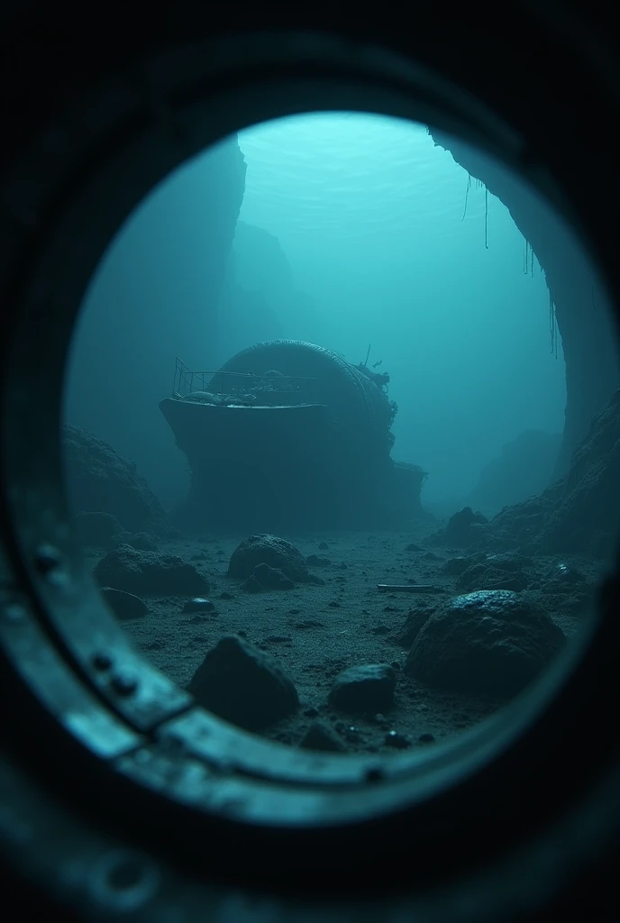 deep ocean,  view from a ,  underwater vehicle exploring a possible crash site, at the bottom you can see the wreckage .