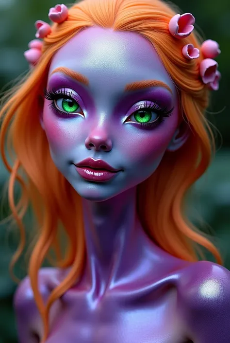 In this captivating, Photo, An otherworldly alien being inspired by Southeast Asia exudes mesmerizing beauty with her striking purple iridescent skin, capturing the viewers attention, her orange-hued hair. Her subtle emerald green eyes have an enchanting d...