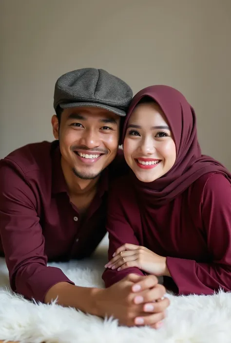 Front facing Cool photography style,A handsome Sundanese man,using flatcap,wearing a maroon shirt,lying on the lap of a beautiful woman wearing an ash hijab, maroon dress,both smiling cheerfully ,on the white carpet,ultra realistic,photography details.