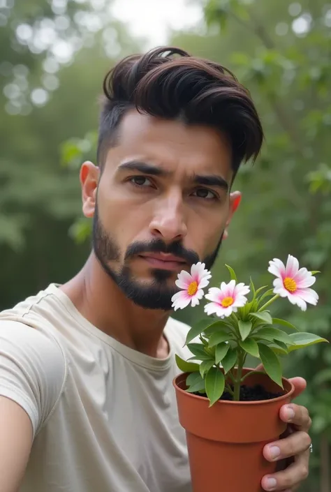 there is a man that is taking a selfie with a flower pot, khyzyl saleem, ash thorp khyzyl saleem, around 1 ,  profile picture, portait photo profile picture, without beard, very clear picture, with accurate face, kyza saleem, very very low quality picture,...