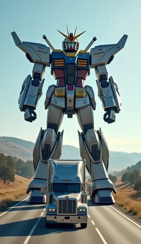 truck stops running to turn into gundam, highway, realistic, colorful