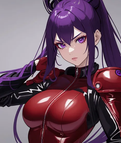 1girl, beautiful anime fighter girl, red and black leather catsuit, dark green shoulder pads, cool ace pilot with mesmerizing detailed purple eyes, detailed purple hair, beautiful detailed lips, extremely detailed face, longeyelashes, 8k, physically-based ...