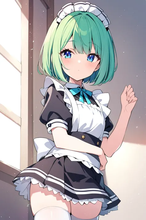 1 girl, cute, young, green hair, bob haircut, blue eyes,  maid, mini skirt, thigh high, 