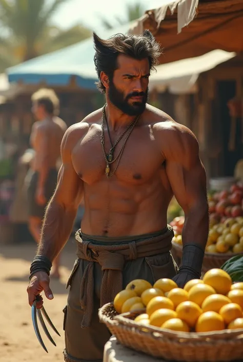 Wolverine (X-Men)
" A sturdy man with metal claws selling tropical fruits in a desert market. He has a wild ,  with simple clothes and an intense look while negotiating with clients ." cinematic look, another realistic knot by 16 