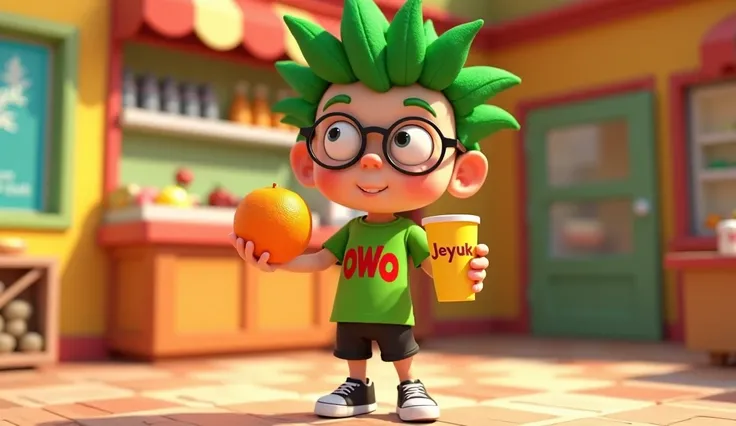 The style is 3D pixar with a Vibrant color palette, in 3 D pixar animation image of a boy, nerdy, with big round glasses, spiky bright green hair, green shirt with "OWO" printed in red, black shorts, white shoes, holding an orange and a yellow plastic cup ...