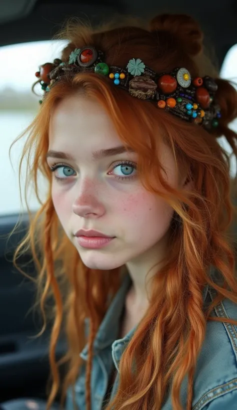 Très jolie fille aux cheveux roux avec beaucoup de dreads sur la tête avec des ornements hippies elle hippies Je veux que la caméra soit comme sur la vitre de sa voiture elle est au volant elle a de petits yeux bleus sur les joues