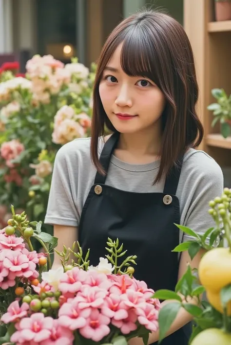 A girl working at a Flower Shop, black-apron, looking at viewer