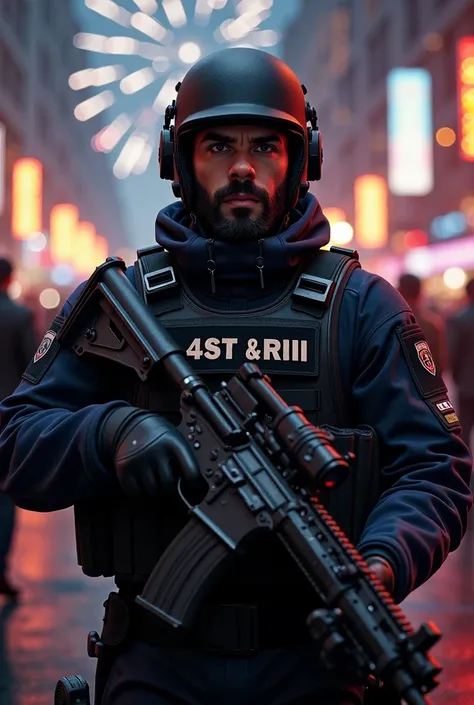 Swat policeman with, 4St Ariii inscription on his vest m4a1 gun. With New Years Eve backdrop. And sunglasses