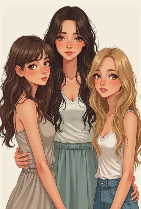 Draw 3 sisters for me In real pictures , filles.  The elder sister is tall , Has brown hair , les yeux noirs et les cheveux longs.  The second sister has white skin ,  brown eyes and very long hair. les yeux bruns et les cheveux blonds de longueur moyenne....