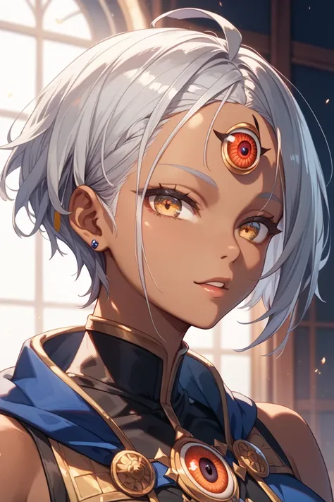 solo、 girl、Adventurer、There is a third eye on the forehead、(third eye:1.4),forehead, Silver Hair、 short hair with shadows、 、Golden Eyes、((dark skin)),black beauty、 slender、athletic,Lehenga、lehenga, fantasy