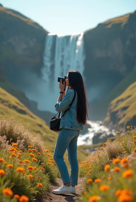 A beautiful black long-haired woman wearing a jeans jacket and long jeans sneaker holding a digital SLR camera, is in beautiful hills with colorful flowers , there is a waterfall, ,  clear sky .  stunning detail . UHD 64K.