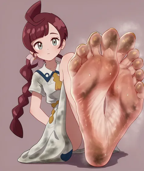 1boy, Ash ketchup - pokemon journeys ,1girl, Chloe cerise (Pokemon) ,, soles, [dirty feet:0.6], feet, barefoot, (absurdres, masterpiece, best quality, very aesthetic), perfect toes, cleavage, 2soles, steamy feet, (((smelly feet, sweaty feet)))