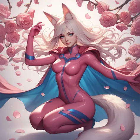 score_9, score_8_up, score_7_up, score_6_up, 1girl, kittunemimi, fox girl, white fur, fox tail, animal ears, fox ears, animal ear fluff, medium breasts, sexy, beautiful, blue eyes, detailed, high detailed, very beautiful, one knee, gloves, superhero, cape,...