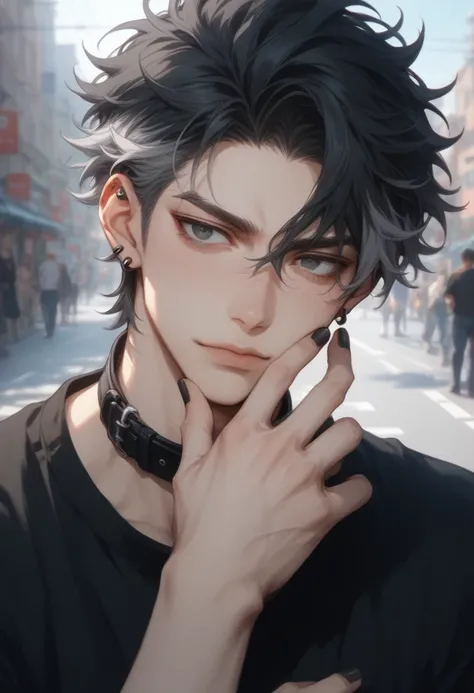 (score_9, score_8_up), score_7_up, adult male, black shirt, messy black hair, 1boy, black eyes, gray highlights, male focus, black earrings, focus, nail polish, black nails, yuppie, anime style, handsome , black collar, street background, gentle face