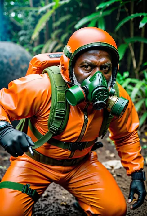 (a dark-skinned bearded chubby  old man in orange zipper pilot suit), wearing rescue gear, wearing green army pilot helmet and gas mask, crawling, shooting with a gun, imposing physique, muscular, toned muscles, Basuki Abdullah, sumatraism, action, a chara...