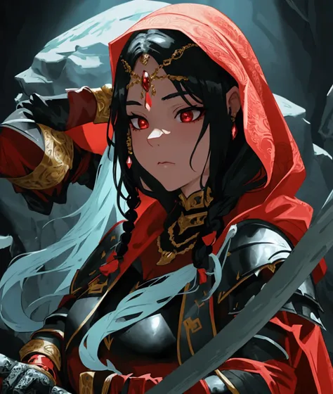 A heroin girl in a dark cave, silhouette of a dark menacing creature in the background, the girl is in a red cloak, beautiful princess, brave and noble, wearing a bikini armor, beautiful black hair, shimmering ring on her finger, holding one sword, jewel-e...