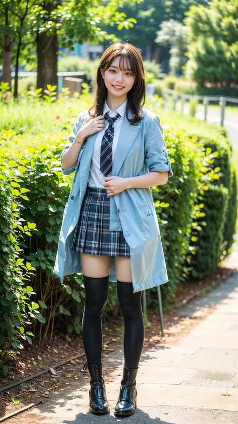 (8k、     RAW photos   、   top quality、masterpiece   :1.2)、(   realistic  、   realistic  )、1 person、((bangs、 ties、 shows shoulders、tights、 boots、Light blue jacket、Short sleeve、smile、whole body、 Black Plaid Mini Skirt、 shows shoulders、Flower Field、Narrow wai...