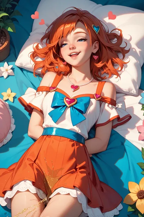 Redhead, blue eyes, medium hair, necklace, magical girl, rainbow, hearts, happy,arms behind back,peeing,masterpiece,lying down,sleep,peeing,