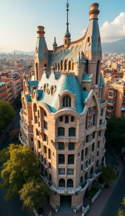 Hgraphic elements, Dynamic Light, Cinematics, HDR, UHD, professional PHOTOGRAPH OF:”
“An aerial view of Casa Batlló, showcasing its unique curvilinear facade adorned with colorful tiles and a dragon-inspired roof, demonstrating Gaudí’s innovative approach ...