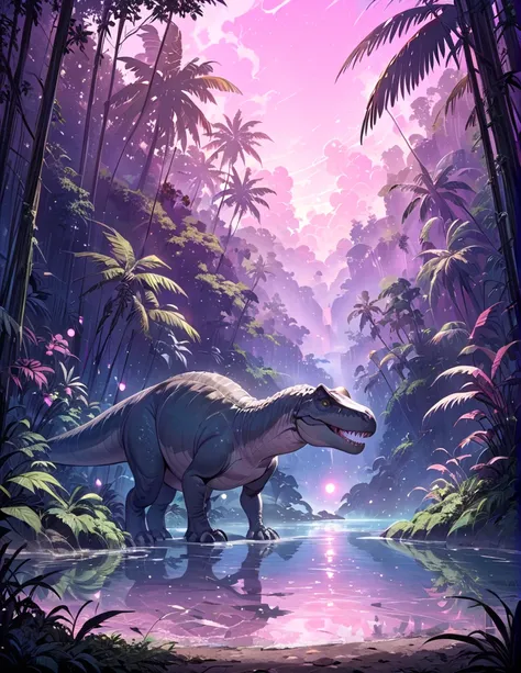 (masterpiece:1.2, Best Quality), JK, High contrast, (Best Illumination, extremely delicate and beautiful), ((Cinematic Light)), Highest Quality, masterpiece, light particles, t-rex close up, rainforest, pink hazy sky, bulbous plants, light pink water, lake...