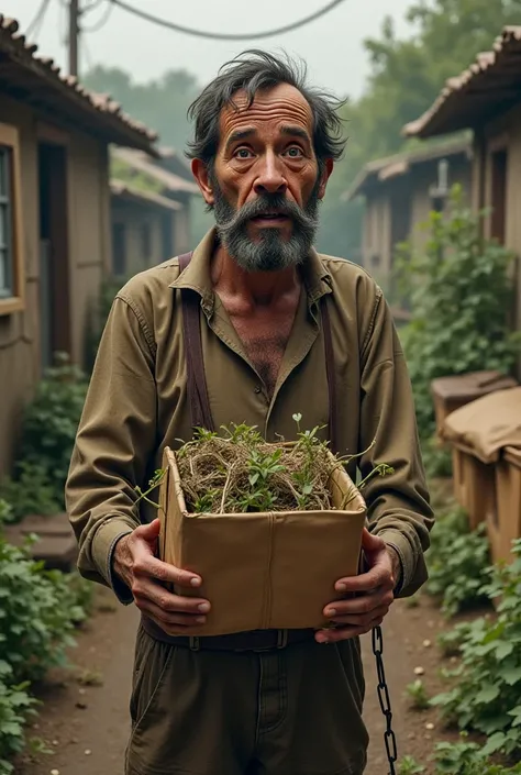 A poor man with ragged clothes who opened one of the packages in the garden and inside the package a few incomplete corn seeds can be seen and the man was shocked to see it.