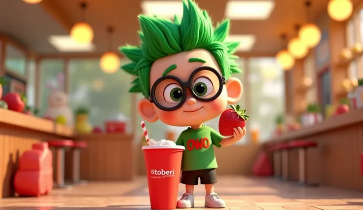 The style is 3D pixar with a Vibrant color palette, in 3 D pixar animation image of a boy, nerdy, with big round glasses, spiky bright green hair, green shirt with "OWO" printed in red, black shorts, white shoes, holding an strawberryand a red plastic cup ...