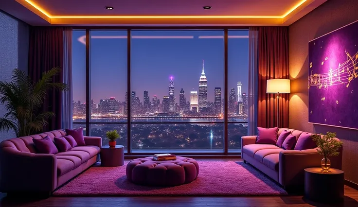  creates a beautiful image of a cozy and luxurious room in a house overlooking the beautiful city at night ,  this house with contrasting purple and carmelite decorations , Add golden musical notes to the image such as the color gold ,  add attributes that...