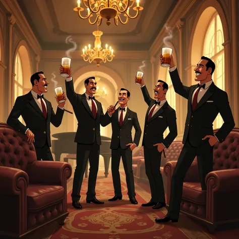 Masterpiece, a cartoon, distant view, sepia image of a cheerful mafia gang gathered in a luxurious lounge with leather chairs, an ornate chandelier, and a grand piano in the background, raising glasses of whiskey and cigars in hand, celebrating their bond....