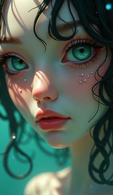 beautiful detailed eyes, beautiful detailed lips, extremely detailed eyes and face,  long eyelashes ,  1 fish girl with a human face, human body, lips, eyes, nose,  human ear , scaly skin, gills,  cosmic shades of color ,  full size image ,  anime style, (...