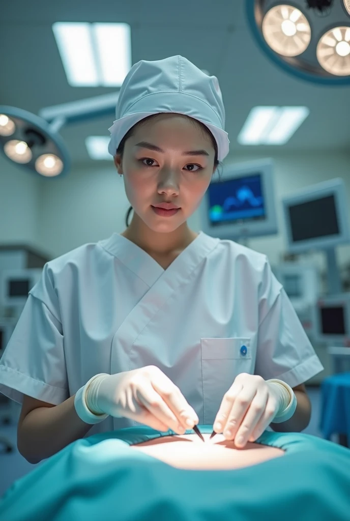 asian girl mask surgical gown surgical gloves nurse cap operating room first person view latex gloves 