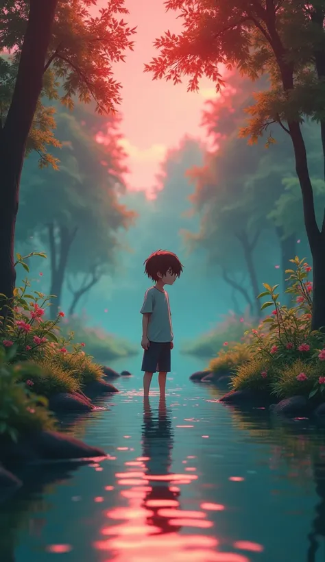 Create a Very Aesthetic Image Of A Alone Teenage anime Boy Standing In Beautiful Greenery Nature, A Crystal Clear Water Flowing Infront Of Him , Beautiful Nature Background, Austhetic, Very Sad And Austhetic Red Gradient Image, 3d Anime 