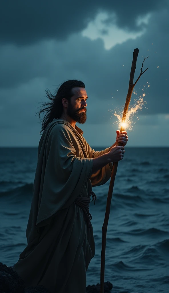 A cinematic close-up of Moses standing at the edge of the Red Sea at night, his hand dramatically outstretched, holding a wooden staff glowing faintly with divine power. His robes flutter in the strong wind, and his face is illuminated by a soft, otherworl...