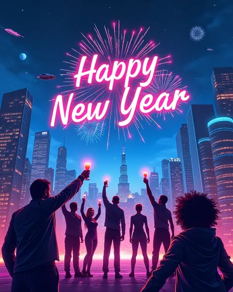 "Design a dynamic, cinematic poster for social media featuring a futuristic New Year celebration. The background is a neon-lit city skyline under a dark, starry sky with distant planets and glowing constellations. Flying vehicles zip across the sky, and to...