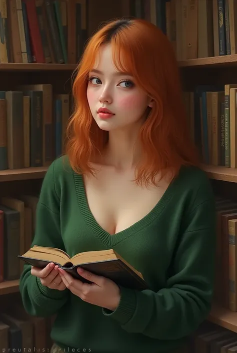 Girl with a soft, innocent-looking face, Straight orange hair on the tips of black color ,  blue eyes with pronounced lips of intense natural color,  wears a green sweater up to the top with pronounced breasts , SHE HAS A BOOK IN HER HAND, with a library i...