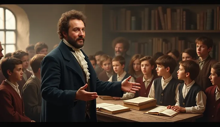 Picture Charles Spurgeon in a 19th-century London setting, conducting his charitable work. Show him surrounded by orphaned ren in a simple orphanage, with tables filled with books and educational materials. In the background, include a cozy setting, such a...