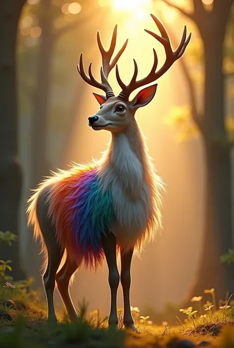 Design a magical hybrid creature that blends a boy and an animal. The creature has the head of a graceful deer with intricate antlers, while its body resembles a human boy adorned with vibrant, multicolored feathers that flow like regal garments. The setti...