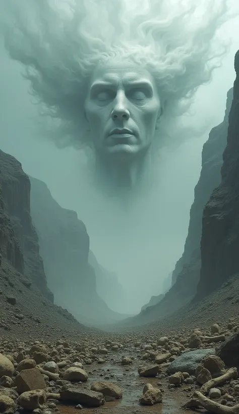 a valley of bones, with human skeletons, and under the clouds the face of god