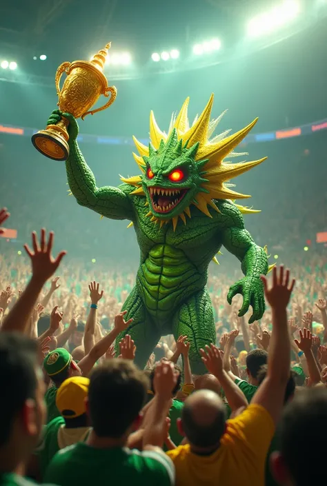 A “Kaloum Star” monster triumphantly raises the trophy, surrounded by cheering fans in green-yellow.