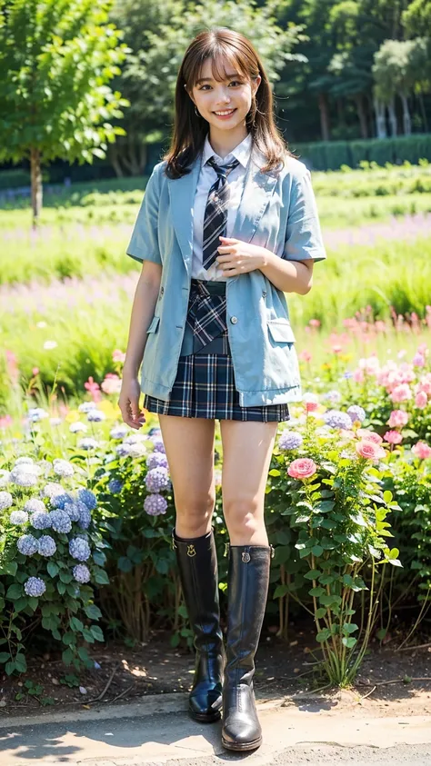 (8k、     RAW photos   、   top quality、masterpiece   :1.2)、(   realistic  、   realistic  )、1 person、((bangs、 ties、 shows shoulders、 boots、Light blue jacket、Short sleeve、smile、whole body、 black plaid mini skirt、 shows shoulders、Flower Field、Narrow waist、 cur...