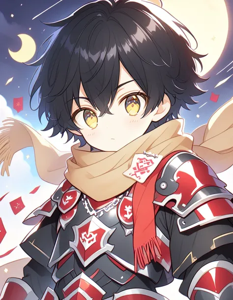 Detailed 8k cute theme , Boy in the scarf , short disheveled black hair and yellow eyes wearing shiny black and red runic armor with full moon in the background