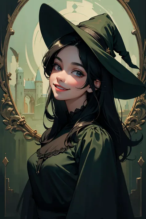 4k, (masterpiece), best quality, high quality, 1 young girl, pretty, beautiful face, big smile, ((portrait)), no makeup, short eyelashes, long black hair, smile, straight hair, (wearing black blouse), green skin, black color witch hat, witch costume