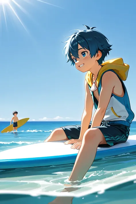 blue wolf, shota, young boy, sitting on surfboard, ocean, sunlight, blue sky, Smile, Conch necklace, sleeveless hooded vest, swimming trunks, 8k, high quality